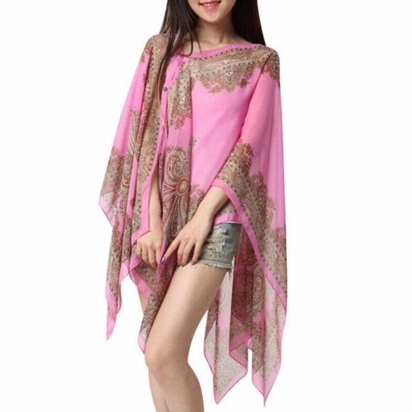 🌸BOHO PINK SHAWL SCARF KAFTAN COVER BEACH PAISLEY - Picture 7 of 7